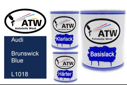 Audi, Brunswick Blue, L1018: 1L Lackdose + 1L Klarlack + 500ml Härter - Set, von ATW Autoteile West.